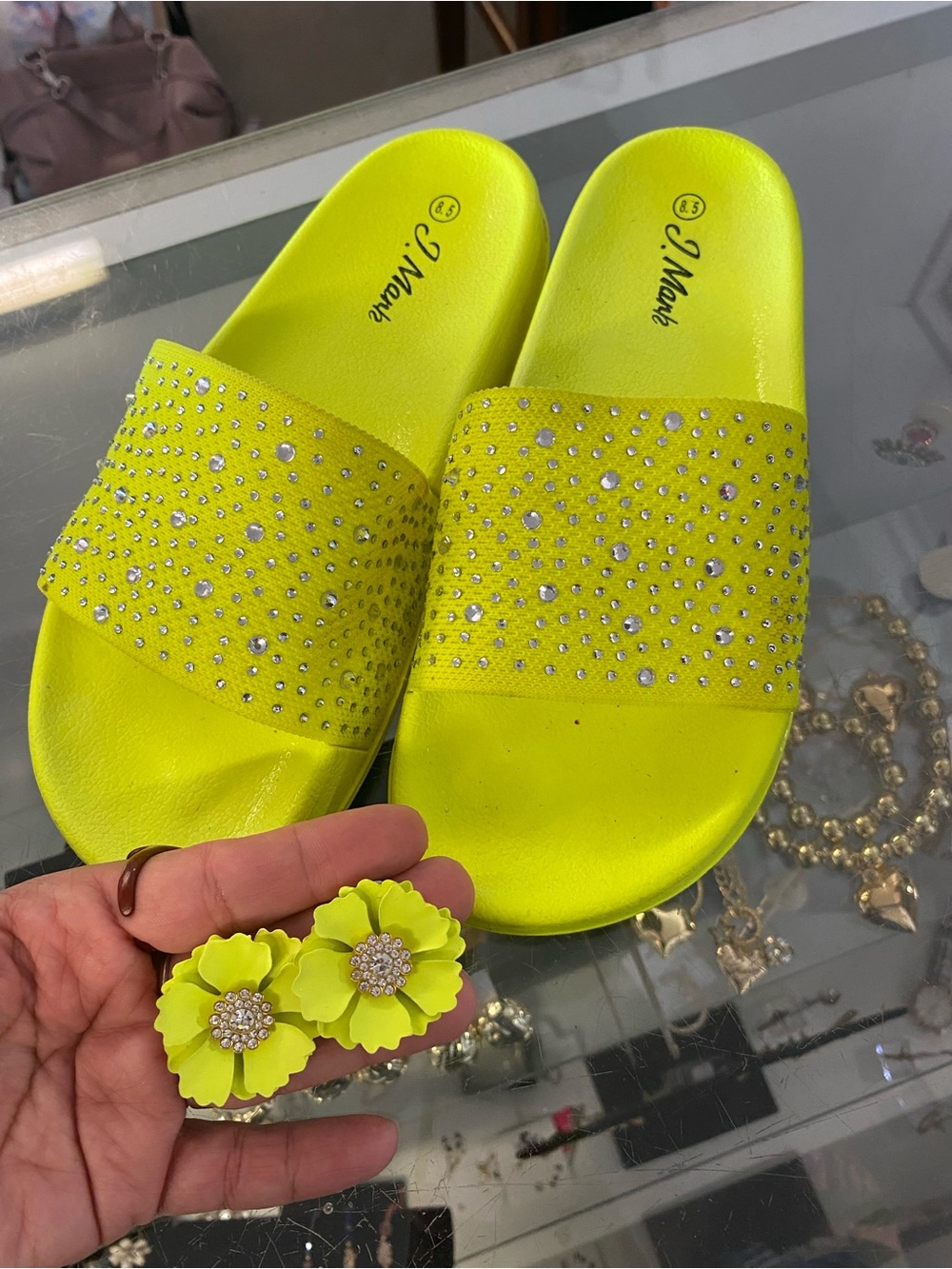 Unbranded Lemon Yellow Rhinestone Slide Sandals and Earrings set